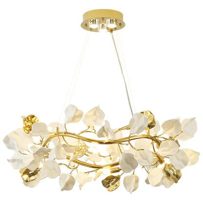 Dimmable leaf chandelier in warm white light with a knob switch