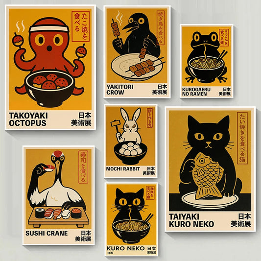 Japanese Anime Takoyaki Matcha Cat Canvas Wall Art