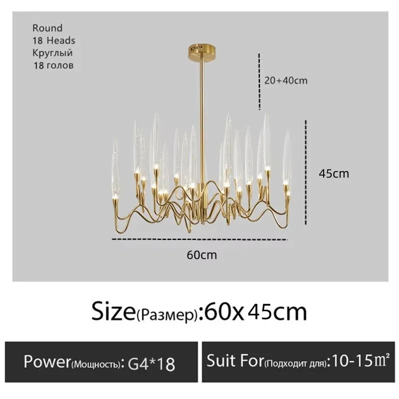 Transparent acrylic shades on a chrome branch chandelier frame