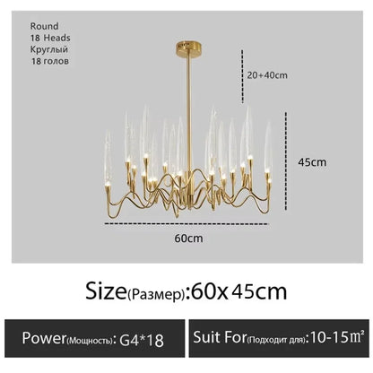 Transparent acrylic shades on a chrome branch chandelier frame