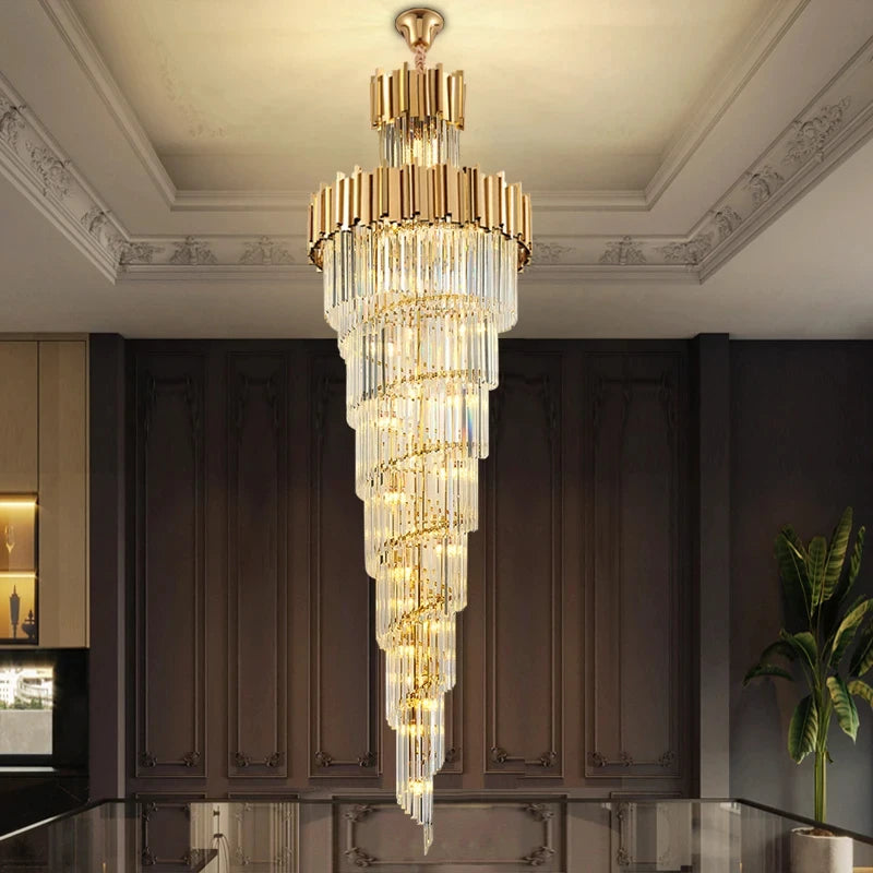 Crystal staircase chandelier, 19.7 in across, with E14 LED bulbs