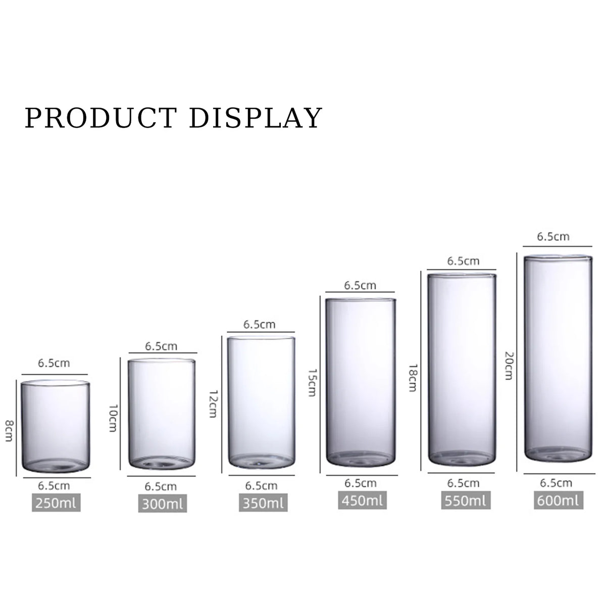 Five glass cylinder vases in graduated heights on minimalist shelf display