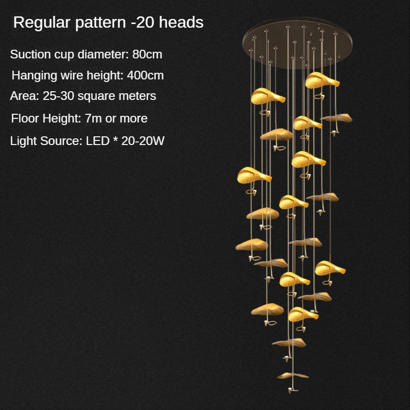 Twenty head copper lotus staircase chandelier in natural copper
