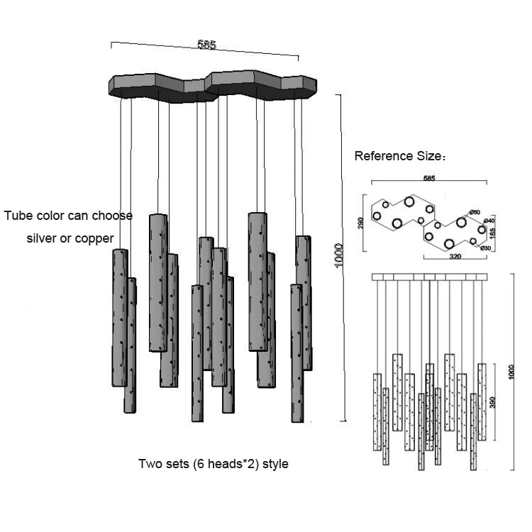 Thirty six head tube chandelier in six sets with gold plated metal bodies