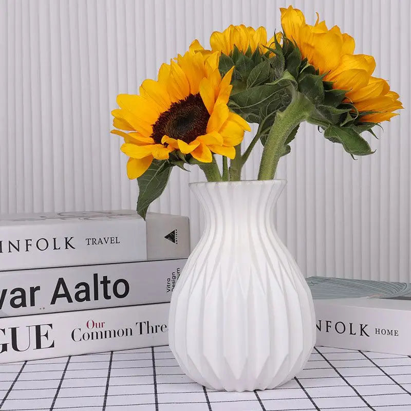 White ceramic look plastic vase with dried pampas grass for Scandi home decor