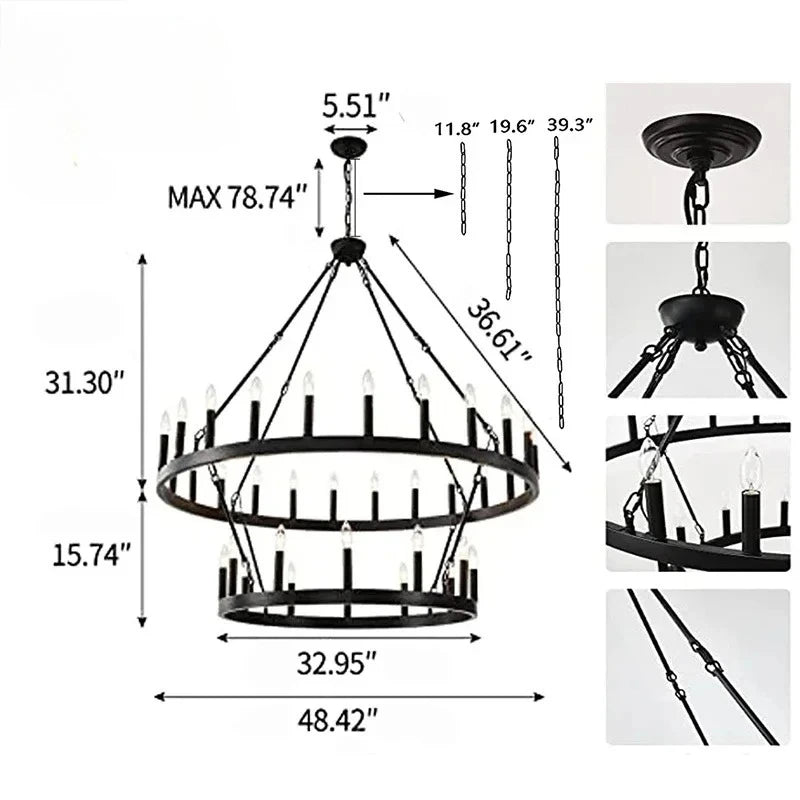 Thirty six light double ring iron chandelier at 47.2 in and 31.5 in