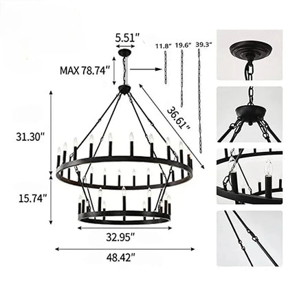 Thirty six light double ring iron chandelier at 47.2 in and 31.5 in