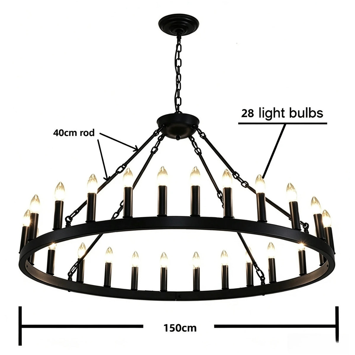 Wrought iron candle chandelier lit in white light on black rings