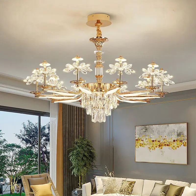 Fifteen head floral crystal chandelier on a cord pendant in gold