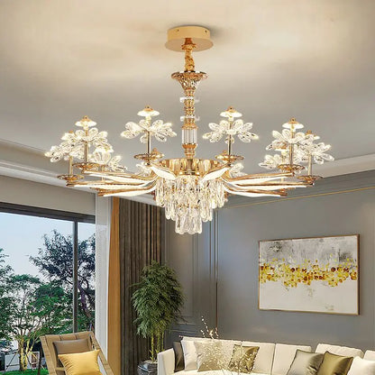 Fifteen head floral crystal chandelier on a cord pendant in gold