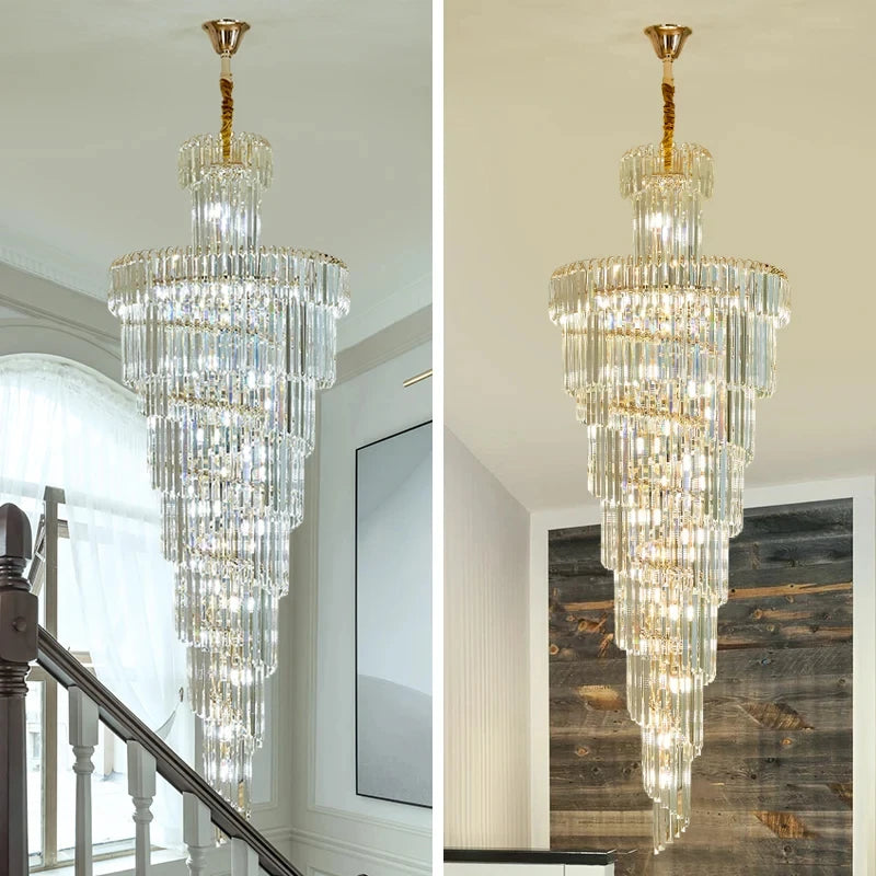Crystal detail on a long staircase chandelier with wedge base LEDs included