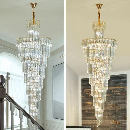 Crystal detail on a long staircase chandelier with wedge base LEDs included