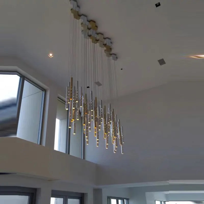 Twelve head tube chandelier in two sets suspended from a shared canopy