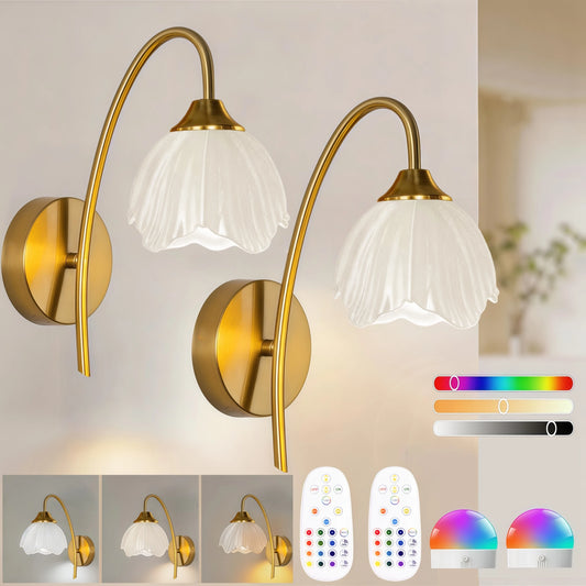 gold plug-in wall sconce, front view on white background