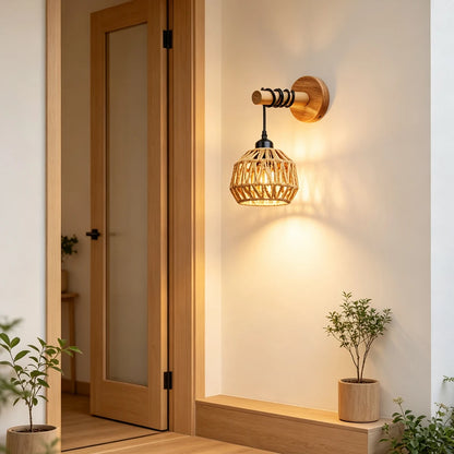 rattan wall sconce, installed in a room interior setting