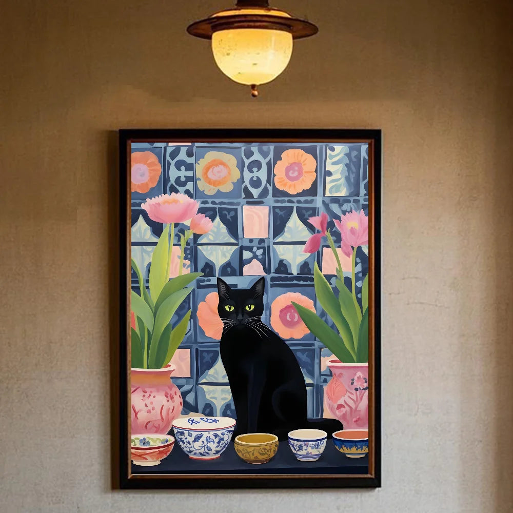 Green Aesthetic Cat Canvas Wall Art