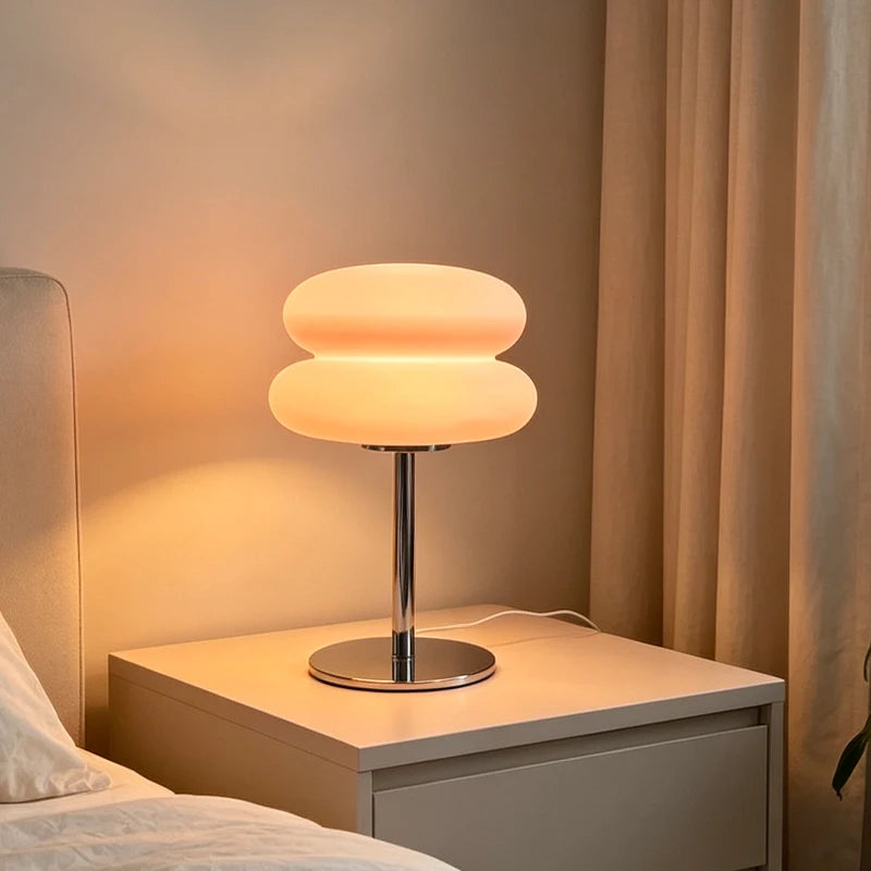 Macaron mushroom LED table lamp orange USB plug front view switched on