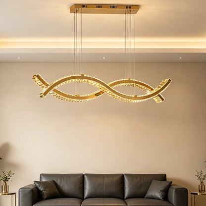 Gold crystal bar chandelier with crystal along a slim ironwork frame