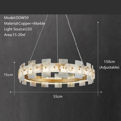 Copper chandelier at 22.4 in diameter with natural marble accents