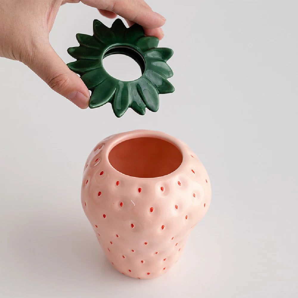 Strawberry ceramic flower vase in red and pink home décor