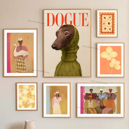Fashion Girl Abstract Dog Flower Canvas Wall Art