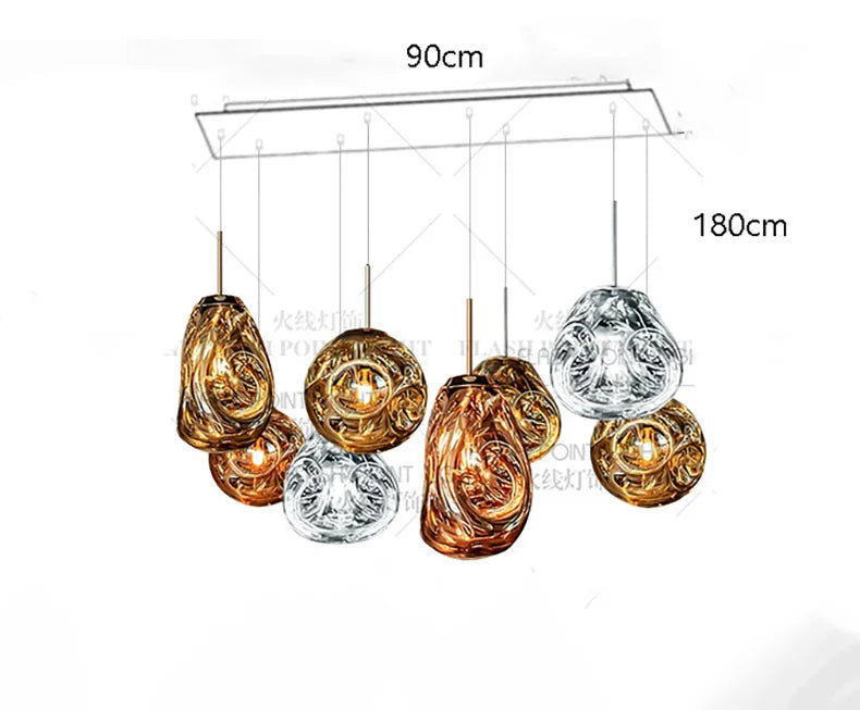 Eight head long chassis chandelier, 35.4 in long, on cord pendants