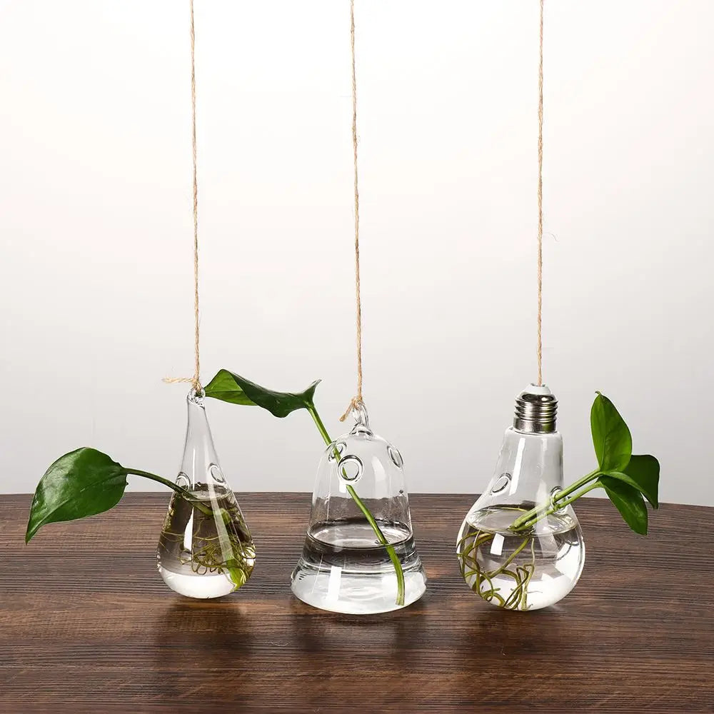 Bird-shaped glass hanging hydroponic vase with plant