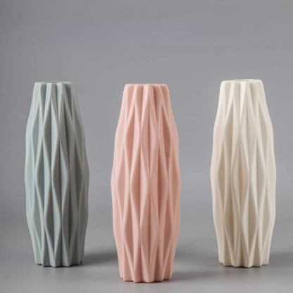 Light blue Nordic boho plastic flower vase with basket weave silhouette