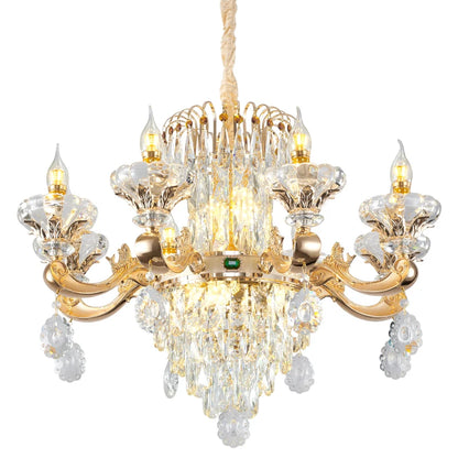 Crystal chandelier showing concentric rings of arms and cut crystal strands