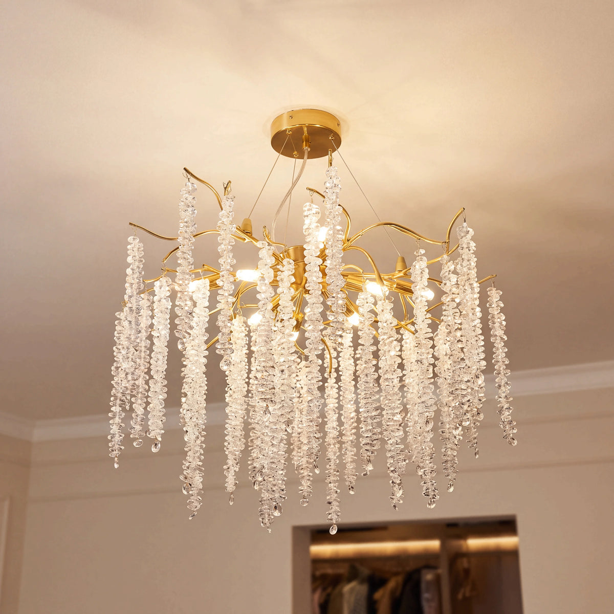 Gold branch crystal chandelier with raindrop K9 crystal on an iron frame