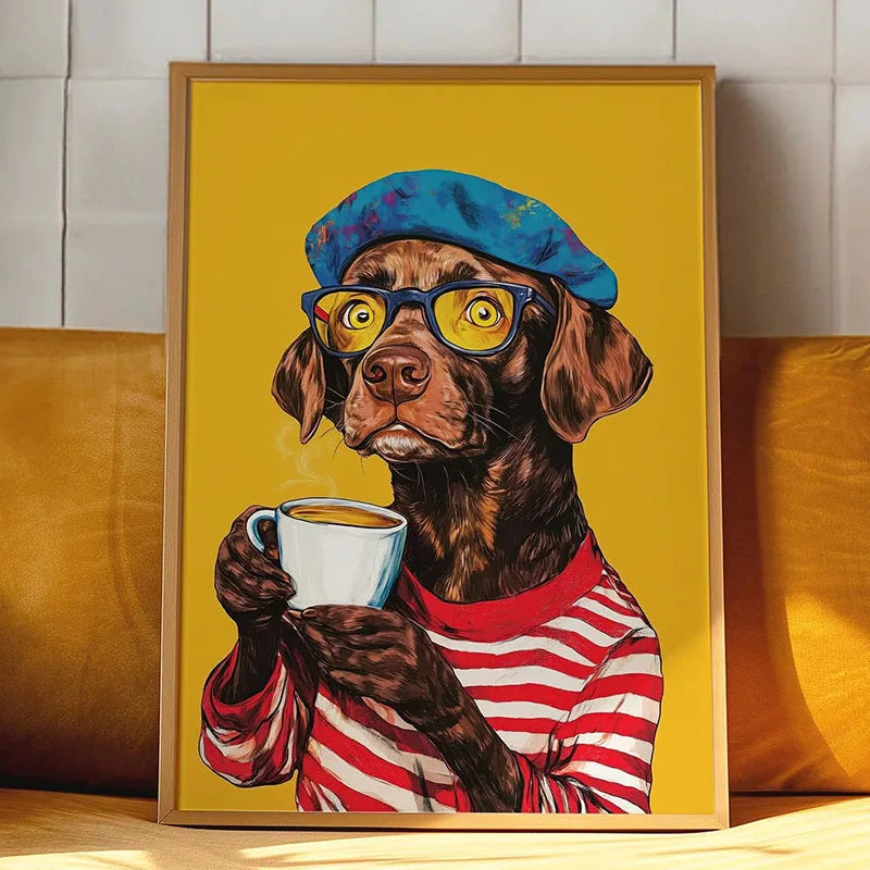Funny Retro Dog Illustration Canvas Wall Art