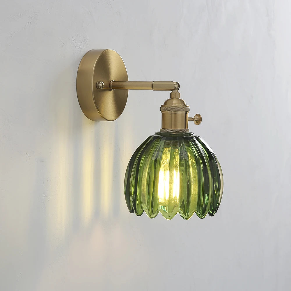 green glass wall sconce, close-up of shade and hardware detail