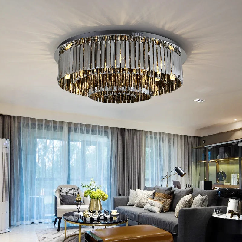 Black crystal ceiling chandelier with a faceted crystal body on an iron frame
