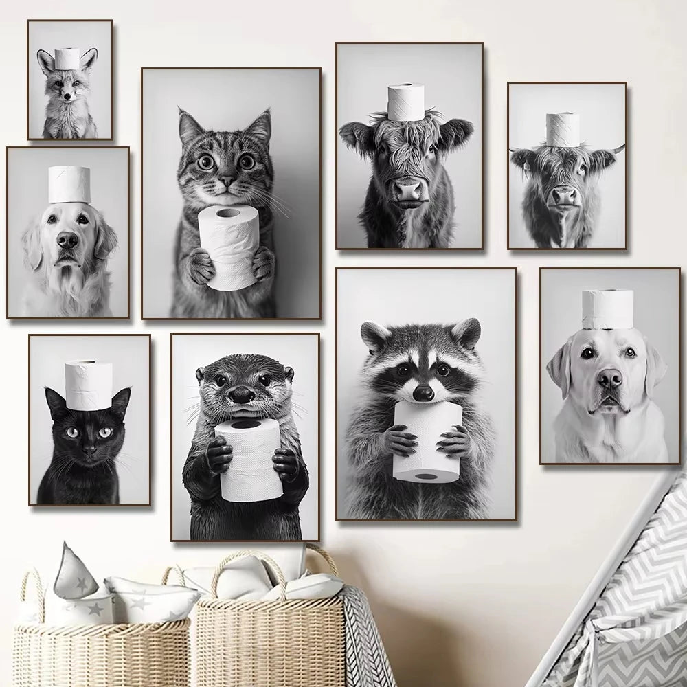 Funny Bathroom Animals Toilet Paper Canvas Wall Art