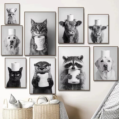 Funny Bathroom Animals Toilet Paper Canvas Wall Art