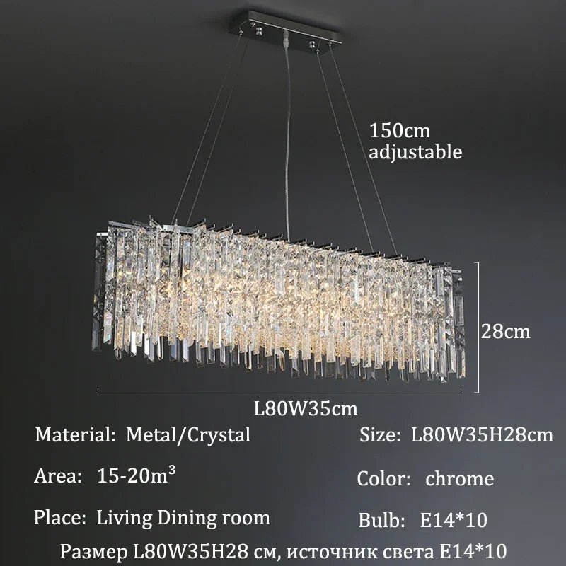 Linear crystal chandelier, 39.4 inches long, with 90 to 260V operation
