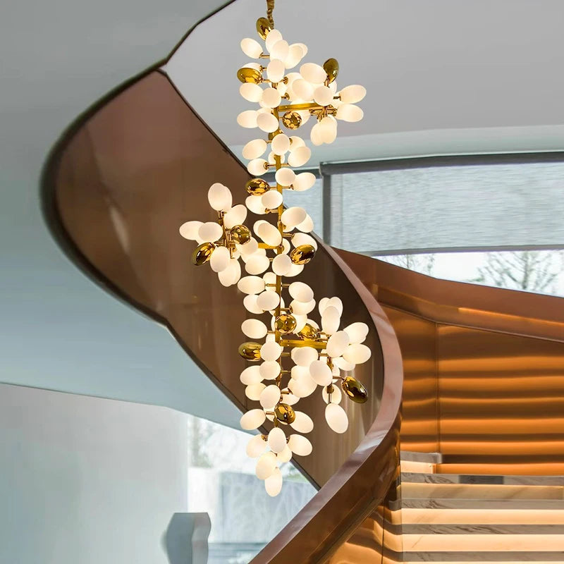 Glass drop staircase chandelier with a long run of glass drops
