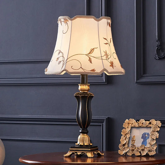 Country fabric table lamp white style AU plug front view switched on