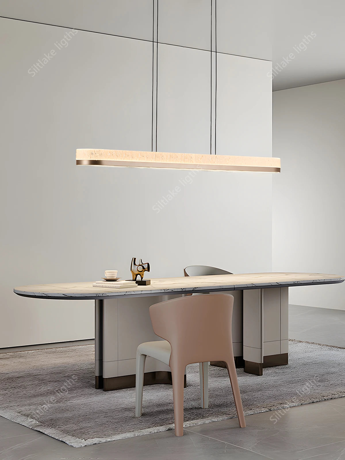 Linear chandelier, 39.4 in long, lit in warm 3000K light