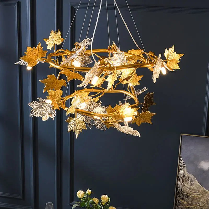 Maple leaf branch chandelier at 23.6 in diameter in a gold finish