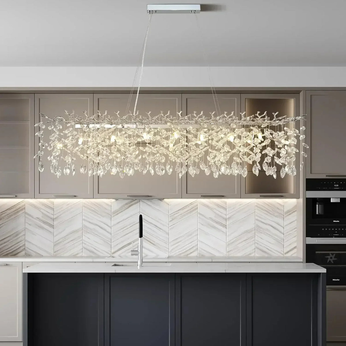 Linear crystal branch chandelier 70.9 in long with E27 sockets