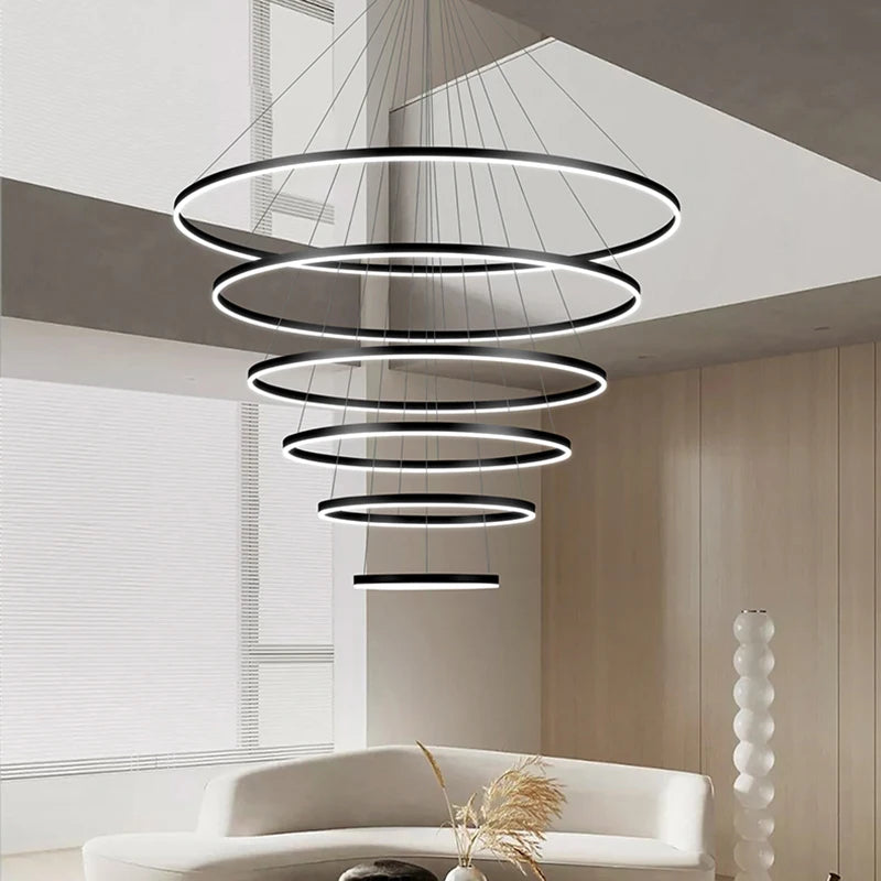 Gold acrylic ring chandelier with remote dimming and included LED bulbs