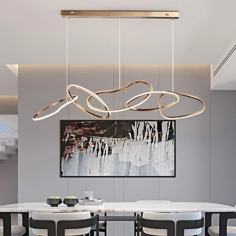 Gold finish ring chandelier with acrylic diffusers and remote dimming