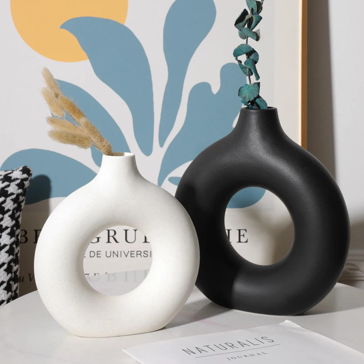 Nordic donut ring ceramic vase medium size on white minimalist desktop display