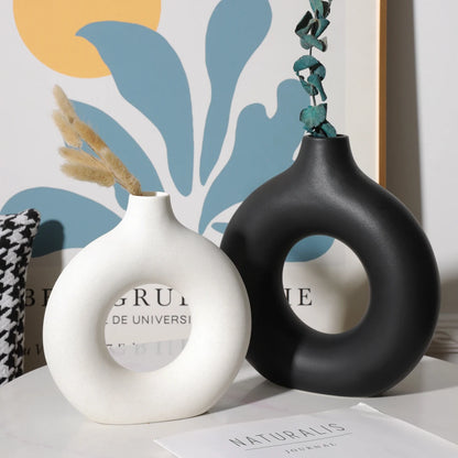 Nordic donut ring ceramic vase medium size on white minimalist desktop display