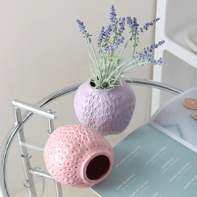 Cartoon strawberry terrarium flower vase in pink red and gray