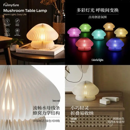 Color-changing paper jellyfish night light in dim bedroom setting
