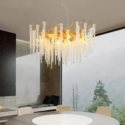 Crystal branch chandelier at 31.5 in across with a mirror gold finish