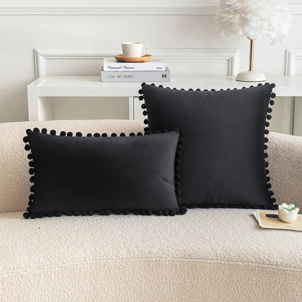 Velvet Pom-Pom Throw Pillow Cover