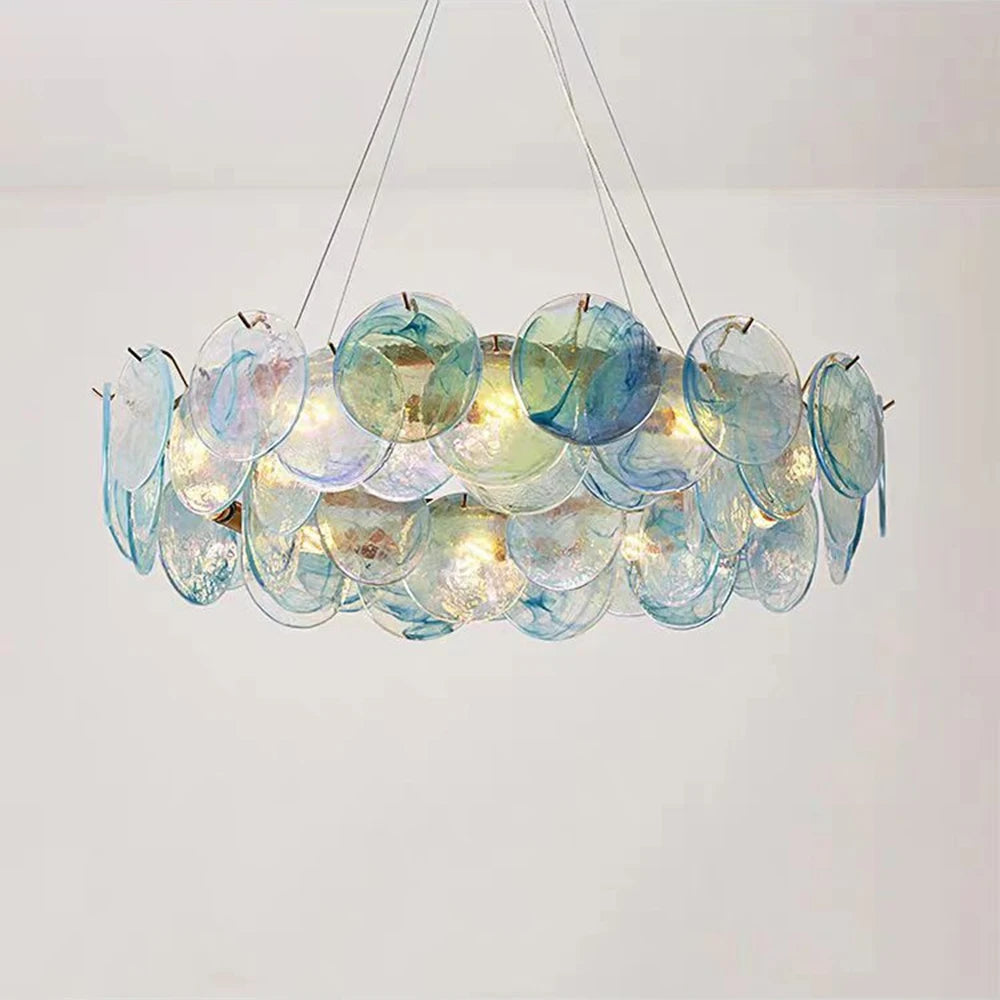 Green glass chandelier at 19.7 in (50 cm) across on plated iron